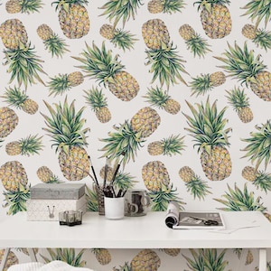Pineapple Removable Wallpaper, Tropical Wall Decor, Peel And Stick, Wall Covering, Exotic Wallpaper, Fruits, Modern Wall #166