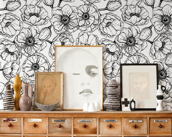 Black and white Floral Repositionable, Wallpaper, Nature Decor, Garden, Wall covering, Self Adhesive - Wall Mural - Traditional  #159