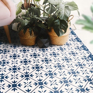 Amienz #227 Vinyl Floor Mat, Vinyl Rug, Rugs For Living Room, Kitchen Mat, Check, Vinyl Floor Tiles, Home Decor, White, Blue, Linoleum Floor