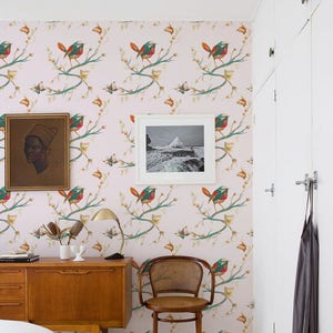 Retro Look Branch Birds Removable Wallpaper, Traditional, Pink Print Wall Mural, Self Adhesive Wall Decal, Temporary Peel And Stick  #76