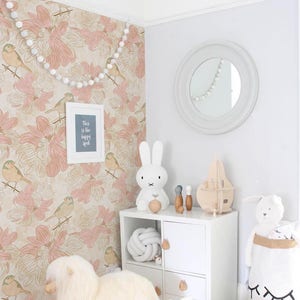 Beige Birds Removable Wallpaper, Traditional, Light Pink Print Wall Mural, Self Adhesive Wall Decal, Temporary Peel And Stick  #94