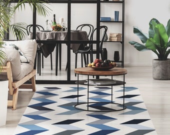 Chairon blue #61 Vinyl Floor Mat, Vinyl Rug, Rugs For Living Room, Kitchen Mat, Zigzag, Floral Carpet, Home Decor, Blue, White, Linoleum