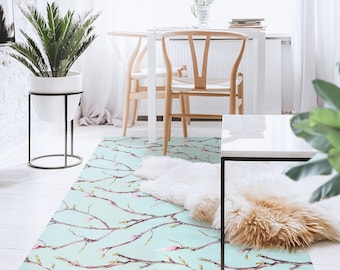 Kephister #52 Vinyl Floor Mat, Vinyl Rug, Rugs For Living Room, Kitchen Mat, Floral, Floral Carpet, Home Decor, Blue, Pink, Linoleum Carpet