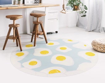 Eggscute #295 Vinyl Floor Mat, Vinyl Rug, Round Carpet, Kitchen Mat, Food, Colorful PVC Mat, Home Decor, White, Yellow, Linoleum Rug