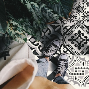 Elysiuum #88 Vinyl Floor Mat, Vinyl Rug, Rugs For Living Room, Kitchen Mat, Portugal, Vinyl Floor Tiles, Home Decor, Black, White, Linoleum