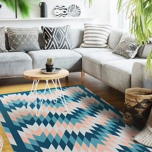 Samotria #220 Vinyl Floor Mat, Vinyl Rug, Rugs For Living Room, Kitchen Mat, Geometrical, Aztec Rug, Home Decor, Blue, Pink, Linoleum Carpet
