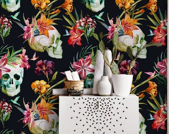 Dark Exotic Floral Wall Covering - Peel And Stick - Self Adhesive - Repositionable - Wall Decal - Skulls, Gothic Art - Wall Decor #130