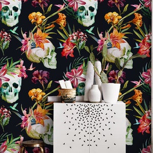 Dark Exotic Floral Wall Covering - Peel And Stick - Self Adhesive - Repositionable - Wall Decal - Skulls, Gothic Art - Wall Decor #130