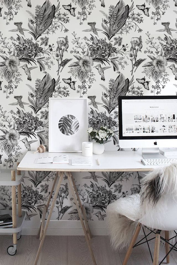 Black and White Garden Removable Wallpaper Traditional - Etsy Black and White Garden Removable Wallpaper Traditional - Etsy