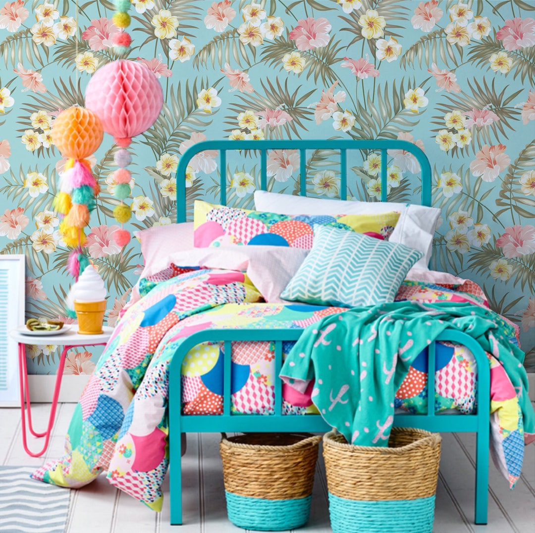 Buy Candy Tropical Flowers Removable Wallpaper, Traditional, Green Print Wall Mural, Self