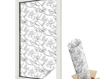 Birds And Flowers Window Film, Black And White Window Decal, Animals Bird Window Alert, Flowers And Plants Frosted Glass
