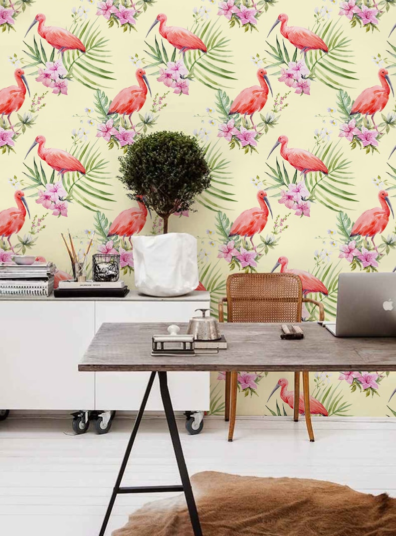 Self Adhesive Wall Decal traditional Exotic flamingo palm removable Wallpaper Temporary Peel and Stick #52 leaf Print wall mural