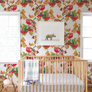 Autumn Birds On Branch Removable Wallpaper, Traditional, Red Print Wall Mural, Self Adhesive Wall Decal, Temporary Peel And Stick  #93