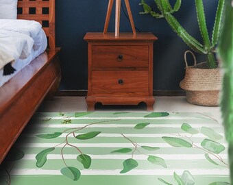 Aurelion #158 Vinyl Floor Mat, Vinyl Rug, Rug For Living Room, Kitchen Mat, Stripes, Floral Carpet, Home Decor, Green, White, Linoleum Floor