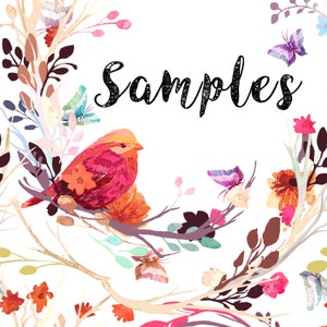 Puede incluir: Una ilustración de acuarela de un pájaro rosa posado en una rama con flores y mariposas de colores. El texto "Samples" está escrito en cursiva negra sobre el pájaro.