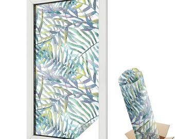 Película de privacidade em aquarela tropical, decoração verde para janelas, flores, plantas e pássaros, proteção anticolisão, texturas para decoração de janelas.