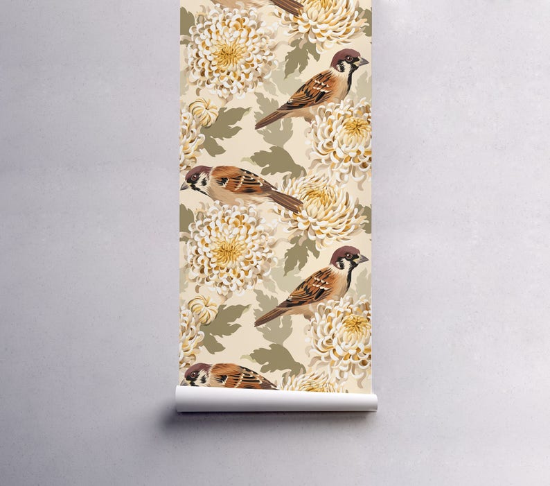 Gold birds flowers removable Wallpaper traditional gold Etsy