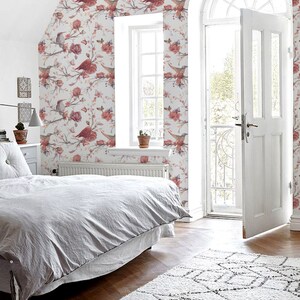 Red Birds Removable Wallpaper, Traditional, Red Print Wall Mural, Self Adhesive Wall Decal, Temporary Peel And Stick  #71