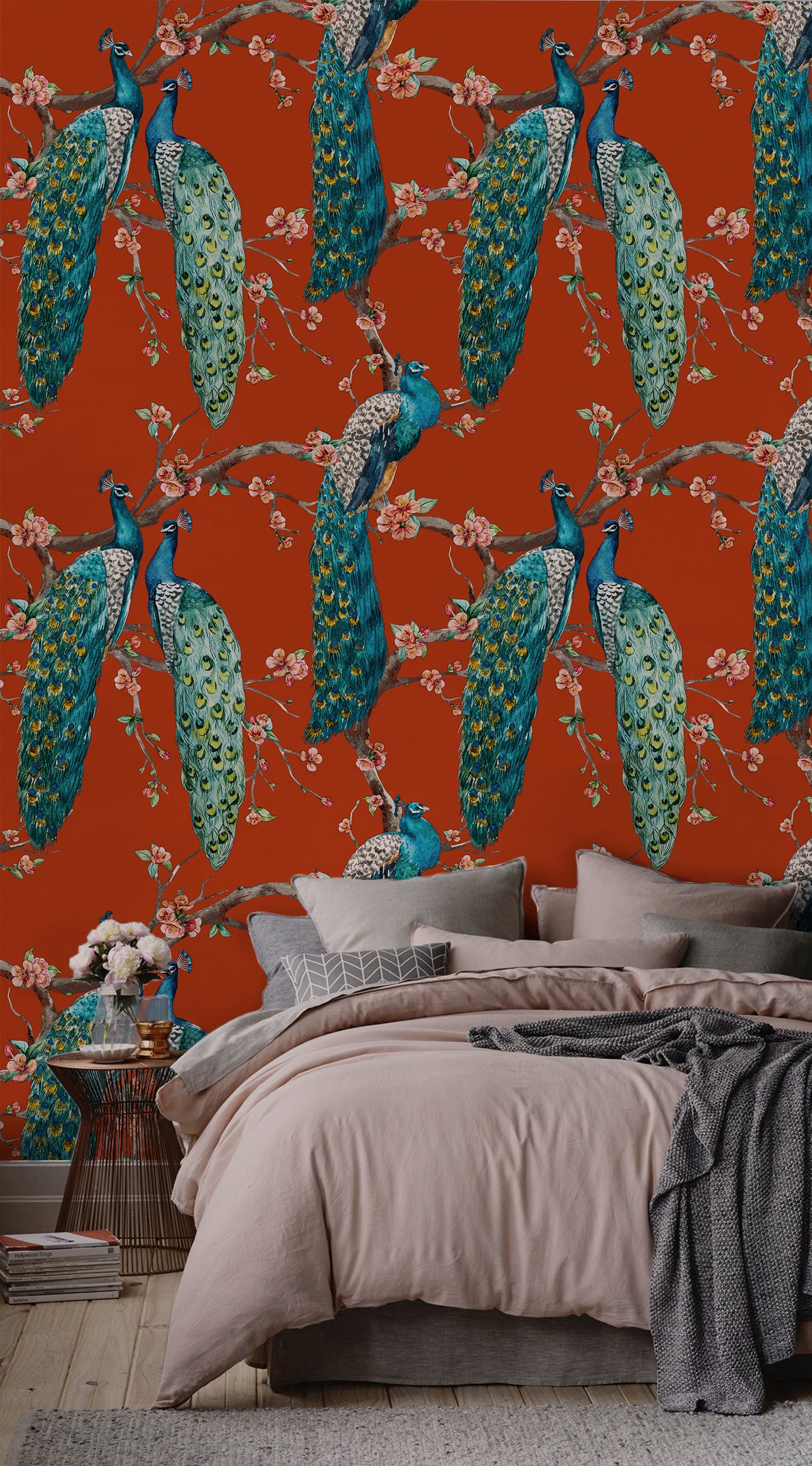 Red Peacock Removable Wallpaper Wall Covering Peel and - Etsy