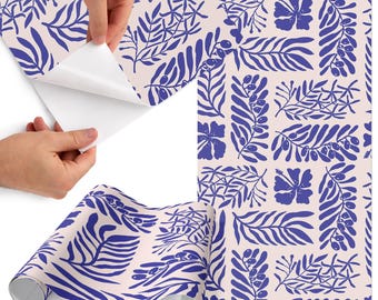 Pellicola adesiva con motivi botanici, adesivo per mobili autoadesivo blu e beige, impiallacciatura geometrica, decalcomania con fiori e piante