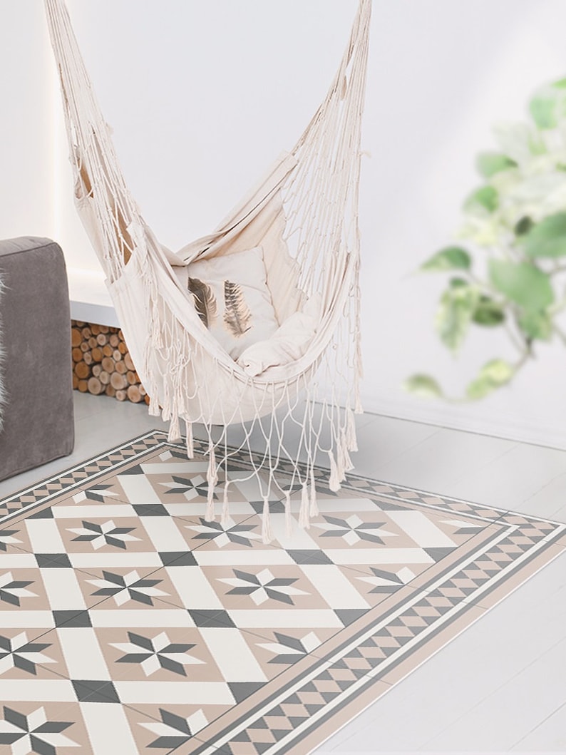 Astolpho #45 Vinyl Floor Mat, Vinyl Rug, Rugs For Living Room, Kitchen Mat, Geometrical, Vinyl Floor Tiles, Home Decor, Gray, Beige, Floor image 2