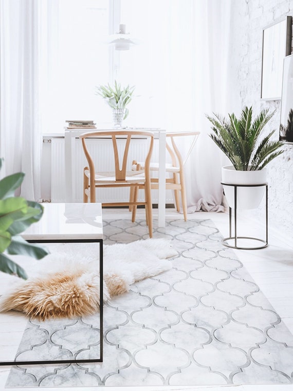 Vladimire #209 Vinyl Floor Mat, Vinyl Rug, Rugs For Living Room, Kitchen Mat, Moroccan, Marble Floor Decor, Home Decor, White, Grey, Floor
