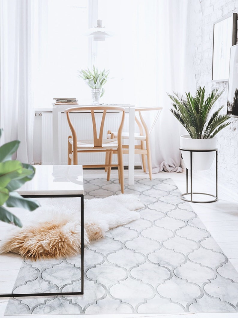 Vladimire #209 Vinyl Floor Mat, Vinyl Rug, Rugs For Living Room, Kitchen Mat, Moroccan, Marble Floor Decor, Home Decor, White, Grey, Floor image 1