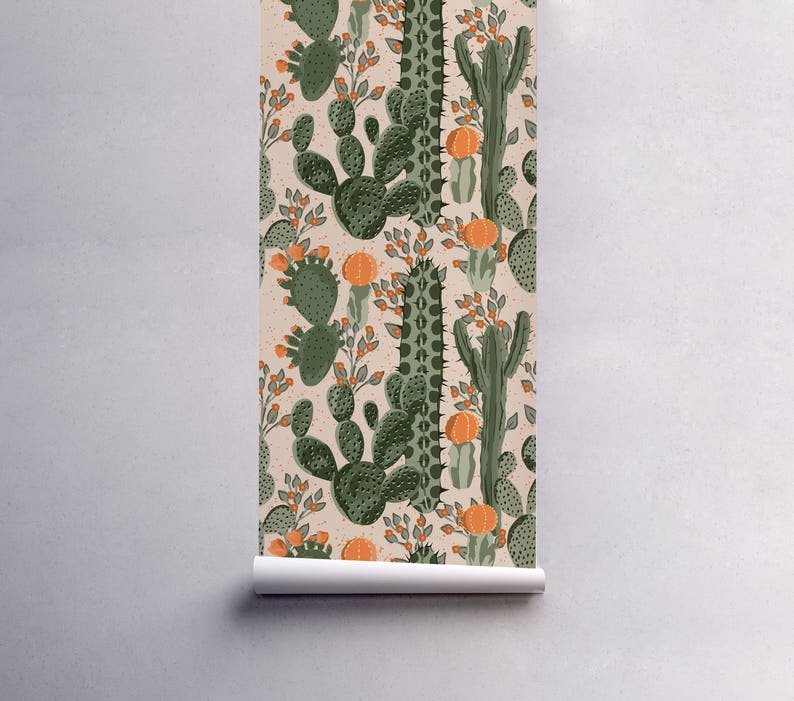 Orange cactus removable Wallpaper traditional Cacti Print Etsy