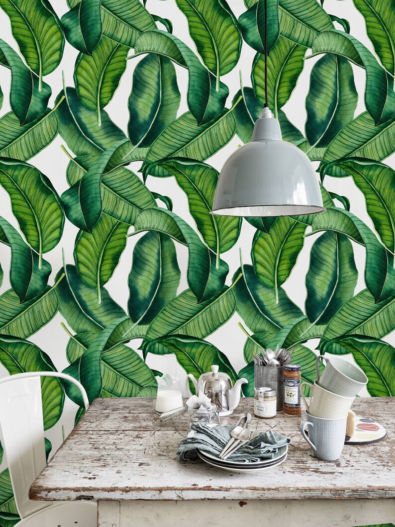 Botanical Leaves Removable Wallpaper Big Leaves Wall Decal Etsy