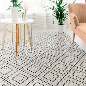 Rubicon #170 Vinyl Floor Mat, Vinyl Rug, Rugs For Living Room, Kitchen Mat, Dots, Floral Carpet, Home Decor, White, Black, Linoleum Carpet