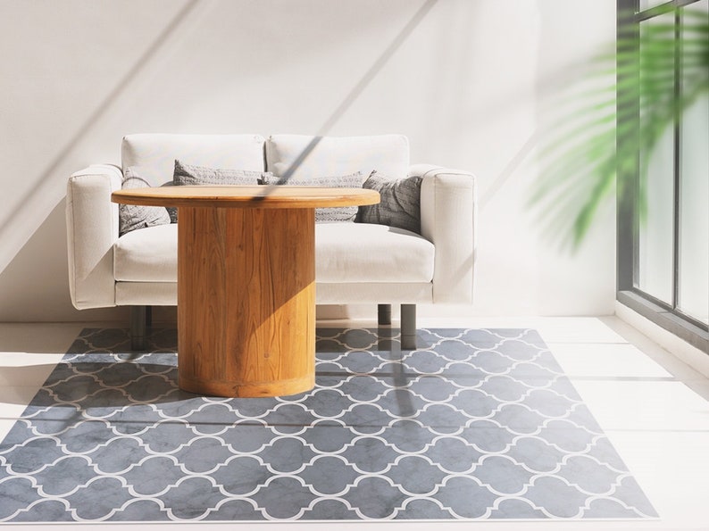 Vladimire Shaded #210 Vinyl Floor Mat, Vinyl Rug, Rugs For Living Room, Kitchen Mat, Moroccan, Marble Floor Decor, Home Decor, White, Grey image 2