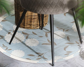 Lilithia #280 Vinyl Floor Mat, Vinyl Rug, Rug For Living Room, Kitchen Mat, Flowers, Floral Carpet, Home Decor, White, Blue, Linoleum, Round