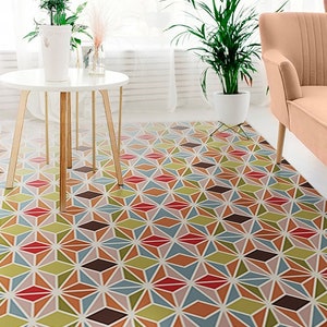 Rubino #20 Vinyl Floor Mat, Vinyl Rug, Rugs For Living Room, Kitchen Mat, Eclectic, Floral Carpet, Home Decor, Green, Blue, Linoleum Carpet