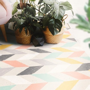 Kioro #187 Vinyl Floor Mat, Vinyl Rug, Rugs For Living Room, Kitchen Mat, Herringbone, Aztec Rug, Home Decor, Gray, Yellow, Linoleum Carpet