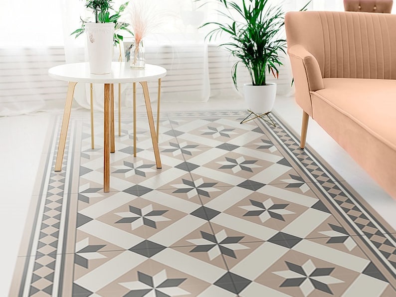 Astolpho #45 Vinyl Floor Mat, Vinyl Rug, Rugs For Living Room, Kitchen Mat, Geometrical, Vinyl Floor Tiles, Home Decor, Gray, Beige, Floor image 1