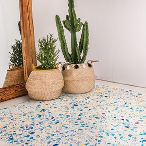 Missmadious #241 Vinyl Floor Mat, Vinyl Rug, Rugs For Living Room, Kitchen Mat, Abstract, Elegant Mat, Home Decor, Blue, White, Linoleum