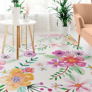 Horizon #125 Vinyl Floor Mat, Vinyl Rug, Rugs For Living Room, Kitchen Mat, Flowers, Floral Carpet, Home Decor, White, Pink, Linoleum Carpet