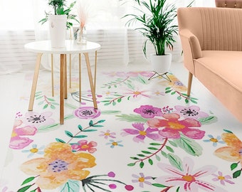 Horizon #125 Vinyl Floor Mat, Vinyl Rug, Rugs For Living Room, Kitchen Mat, Flowers, Floral Carpet, Home Decor, White, Pink, Linoleum Carpet