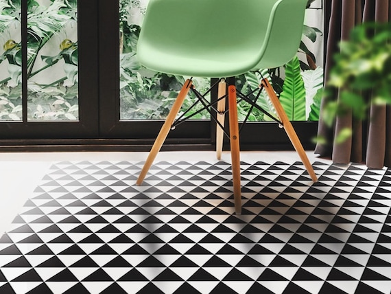 Kira 90 Vinyl Floor Mat, Vinyl Rug, Rugs for Living Room, Kitchen Mat, Triangles, Floral Carpet, Home Decor, White, Black, Linoleum Carpet 