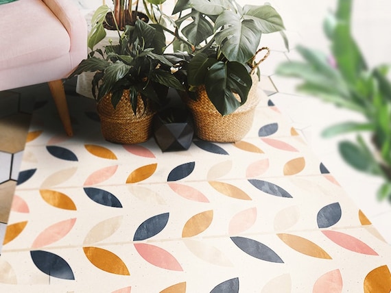 Vinyl Floor Mat, Area Rug, Plum Color Modern Leaves Illustration, Printed  on PVC Mat. Printed Linoleum Carpet in Pink, Art Mat. 