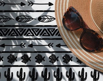 Xavier #173 Vinyl Floor Mat, Vinyl Rug, Rug For Living Room, Kitchen Mat, Arrows, Aztec Rug, Home Decor, Black, White, Linoleum, Cacti, Fish