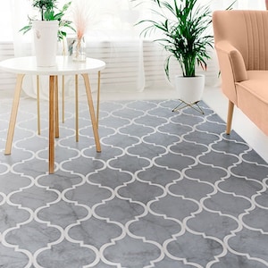 Vladimire Shaded #210 Vinyl Floor Mat, Vinyl Rug, Rugs For Living Room, Kitchen Mat, Moroccan, Marble Floor Decor, Home Decor, White, Grey image 1