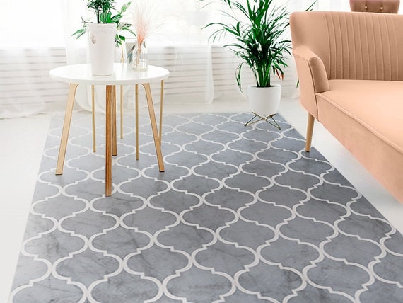 Vladimire Shaded #210 Vinyl Floor Mat, Vinyl Rug, Rugs For Living Room, Kitchen Mat, Moroccan, Marble Floor Decor, Home Decor, White, Grey