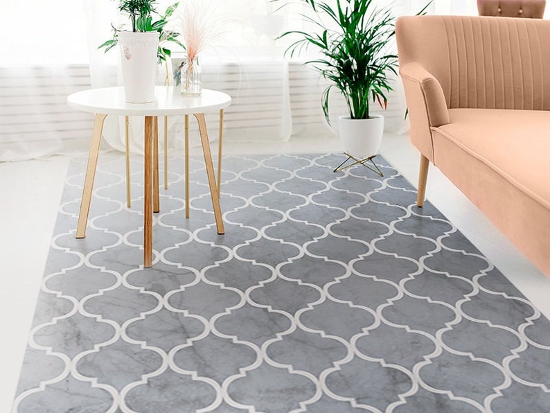 Vladimire Shaded #210 Vinyl Floor Mat, Vinyl Rug, Rugs For Living Room, Kitchen Mat, Moroccan, Marble Floor Decor, Home Decor, White, Grey image 1