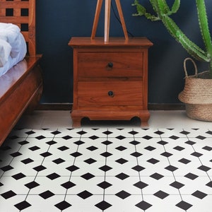 Rubymetric #58 Vinyl Floor Mat, Vinyl Rug, Rugs For Living Room, Kitchen Mat, Tiles, Floral Carpet, Home Decor, White, Black, Linoleum Floor