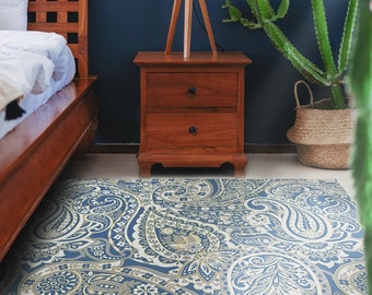 Midias #208 Vinyl Floor Mat, Vinyl Rug, Rugs For Living Room, Kitchen Mat, Paisley, Colorful PVC Mat, Home Decor, Blue, White, Linoleum