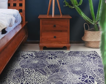 Sloth #73 Vinyl Floor Mat, Vinyl Rug, Rugs For Living Room, Kitchen Mat, Flowers, Floral Carpet, Home Decor, Blue, Ivory, Linoleum Carpet