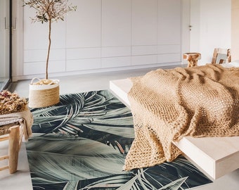 Florlore #149 Vinyl Floor Mat, Vinyl Rug, Rugs For Living Room, Kitchen Mat, Leaves, Floral Carpet, Home Decor, Blue, White, Linoleum Carpet