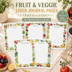 Op de afbeelding: Tien printbare gelinieerde dagboekpagina's met illustraties van fruit en groenten. De pagina's bevatten koppen zoals Garden Notes, Harvest Journal, Nourish, Fruit & Veggie Notes en Gratitude, versierd met kleurrijke randen van producten.