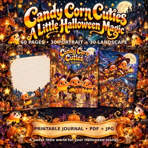 Puede incluir: Un diario imprimible titulado Candy Corn Cuties A Little Halloween Magic con 60 páginas en 30 formatos verticales y 30 horizontales. La portada y las páginas muestran personajes de maíz dulce con sombreros de bruja entre calabazas.